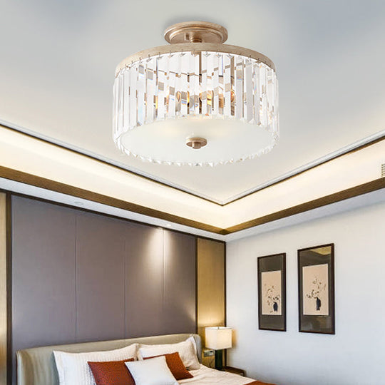 Vintage Crystal Block Ceiling Light With Clear Design - 3 Lights Semi Flush Mount For Bedroom Drum