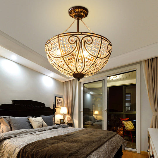 Rustic Bronze Bowl Crystal Ceiling Light - Semi Flush Mount For Bedroom