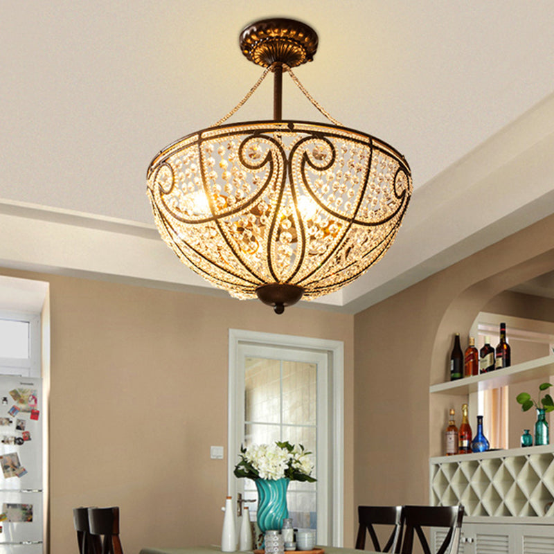 Rustic Bronze Bowl Crystal Ceiling Light - Semi Flush Mount For Bedroom