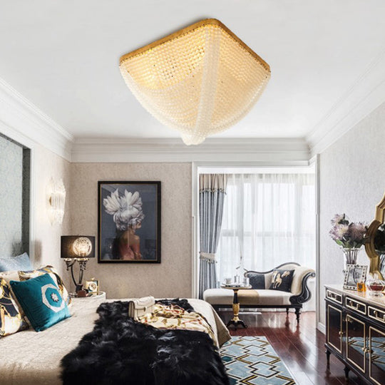 Rustic Bedroom Ceiling Lamp With Crystal Beaded Shade - 4 Light Flush Mount White