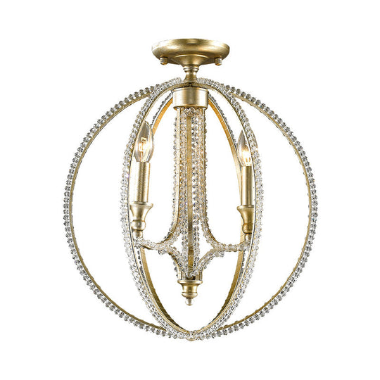Rustic Orb Metal Semi Flush Mount Ceiling Light With Crystal Accents - 3 Lights Brass Finish