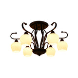 Classic White Glass Flower Shape Semi Flush Light For Living Room - 3/6/8 Lights Black Ceiling
