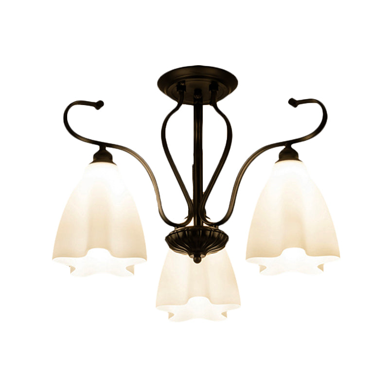 Flower-Shaped White Glass Ceiling Light Fixture With 3/6/8 Lights For Classic Living Room