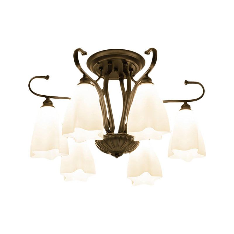 Flower-Shaped White Glass Ceiling Light Fixture With 3/6/8 Lights For Classic Living Room