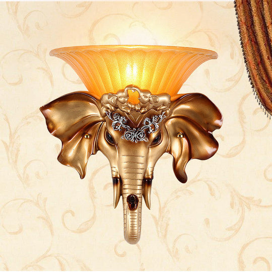 Vintage Flared Wall Mounted Glass Sconce Light With Gold Resin Elephant Base