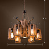 Cage Style Industrial Wooden Chandelier For Living Room - Brown And Black Suspension Light Fixture 6