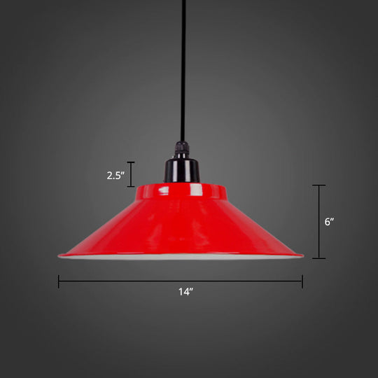 Conical Metal Hanging Light With Rolled Edge - 1-Light Ceiling Suspension Lamp For Loft Décor Red