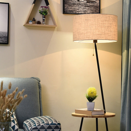 Minimalist Drum Floor Lamp In Black With Wooden Tray And Pull Chain Ideal For Living Room