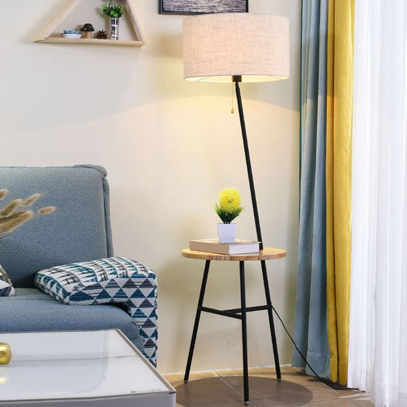 Minimalist Drum Floor Lamp In Black With Wooden Tray And Pull Chain Ideal For Living Room