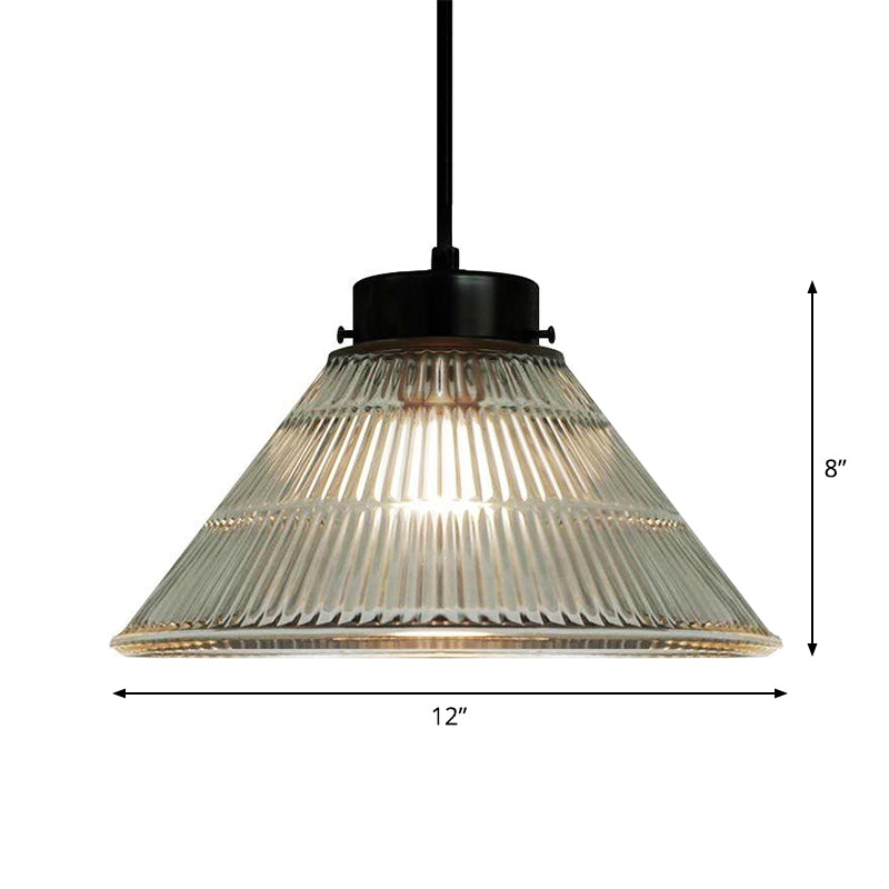 Clear Ribbed Glass Pendant Ceiling Light - Retro Style Tapered Design Ideal For Restaurants 1 Head