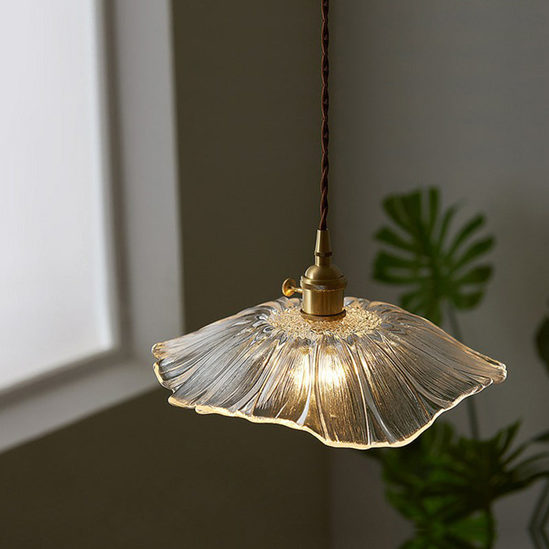 Vintage Floral Glass Pendant Light Fixture For Restaurants - Single Ruffled Design