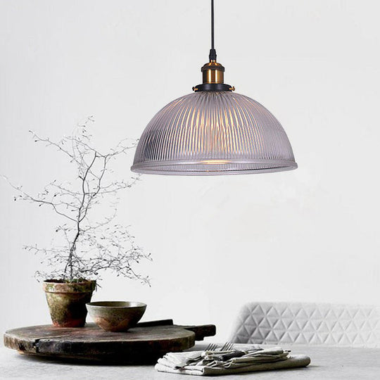 Industrial Dome Clear Ribbed Glass Hanging Pendant Light - Perfect For Restaurants