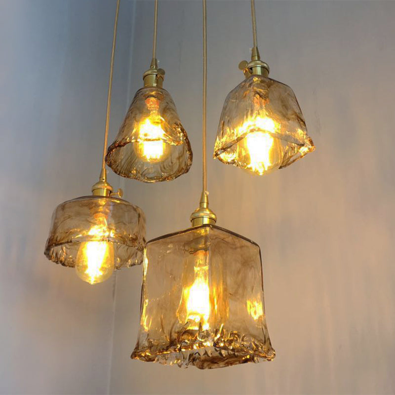 Antique Shaded Pendant Light - 1-Light Brown Glass Hanging In Brass For Dining Room Decor