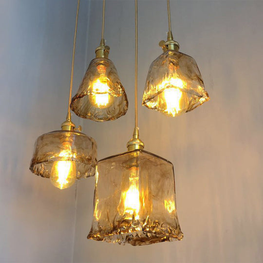 Antique Shaded Pendant Light - 1-Light Brown Glass Hanging In Brass For Dining Room Decor