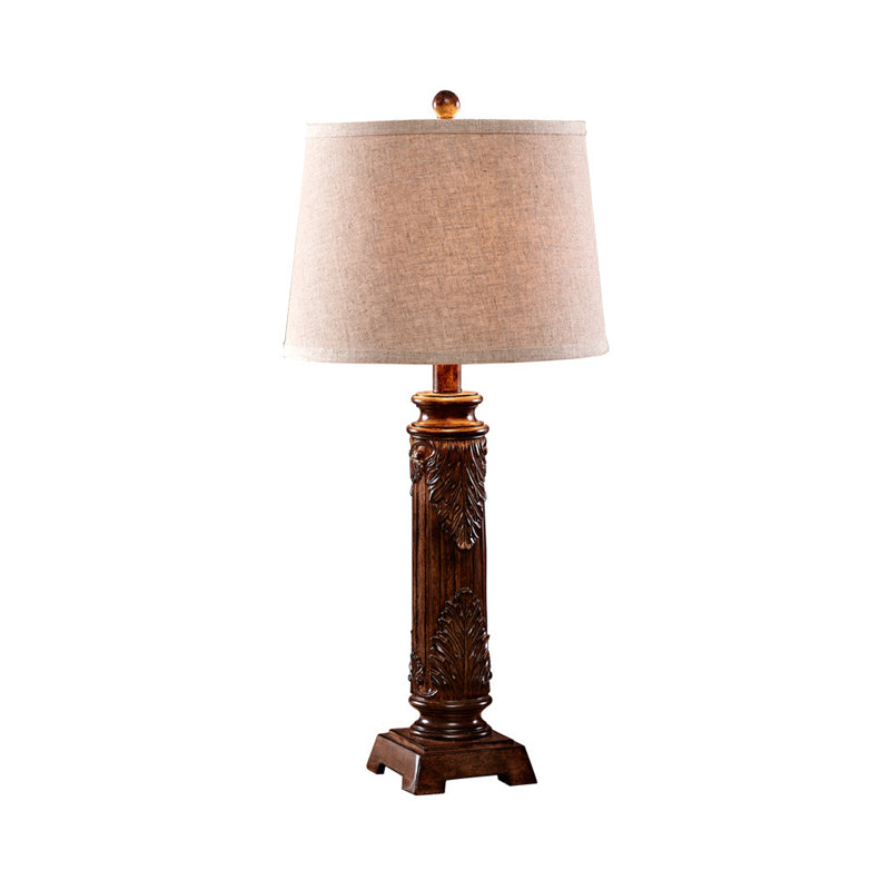 Vintage Brown Carved Base Table Lamp With Tapered Fabric Shade - Perfect For Study Rooms And Night