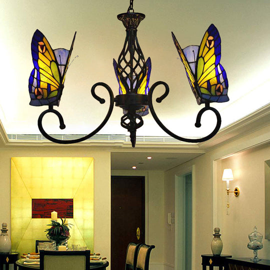 Tiffany Butterfly Chandelier: Exquisite Stained Glass Pendant Light For Dining Room 3 / Blue