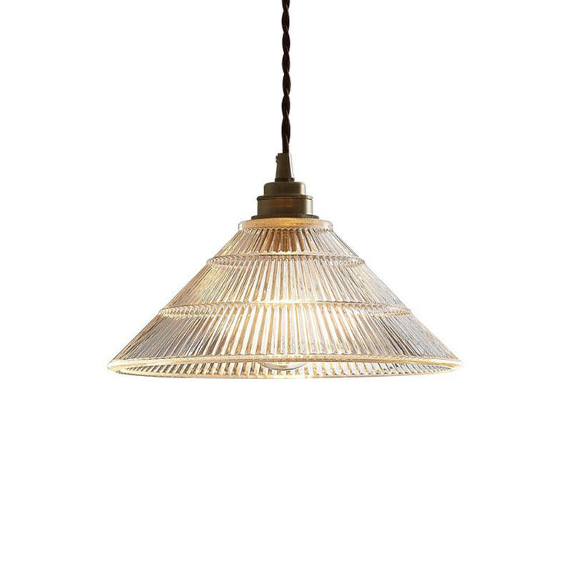 Single Clear Ribbed Glass Conical Ceiling Pendant Light For Industrial Décor