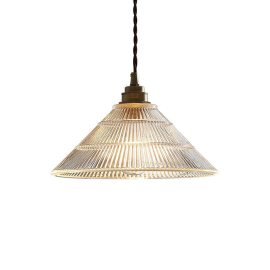 Single Clear Ribbed Glass Conical Ceiling Pendant Light For Industrial Décor