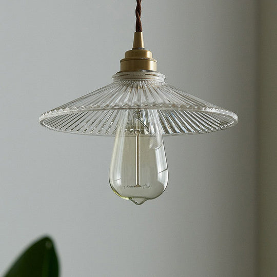 Vintage Glass Hanging Lamp: Cone-Shaped Clear Ribbed Pendant For Dining Room Lighting & Single-Bulb