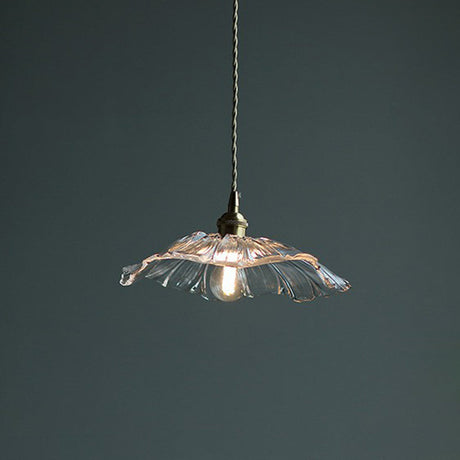 Antique Floral Pendant Light With Ruffle Glass Shade In Brass