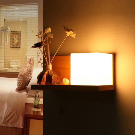 Nordic Milk Glass Cube Wall Sconce With Wood Shelf Pull Chain - 1-Bulb Light