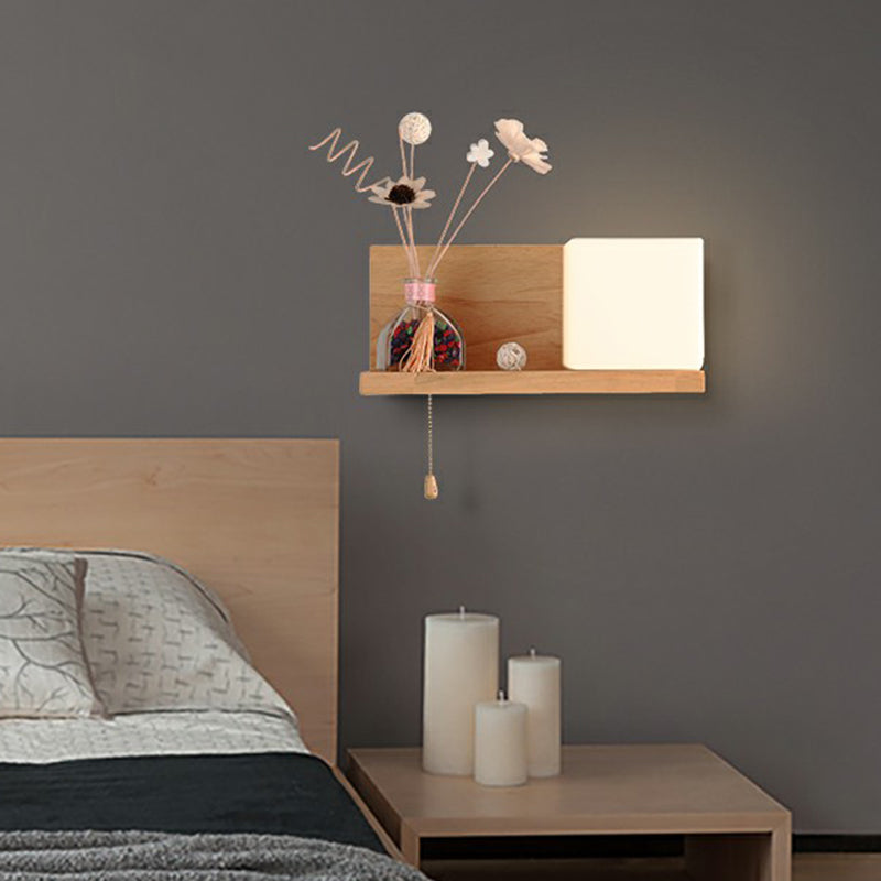 Nordic Milk Glass Cube Wall Sconce With Wood Shelf Pull Chain - 1-Bulb Light