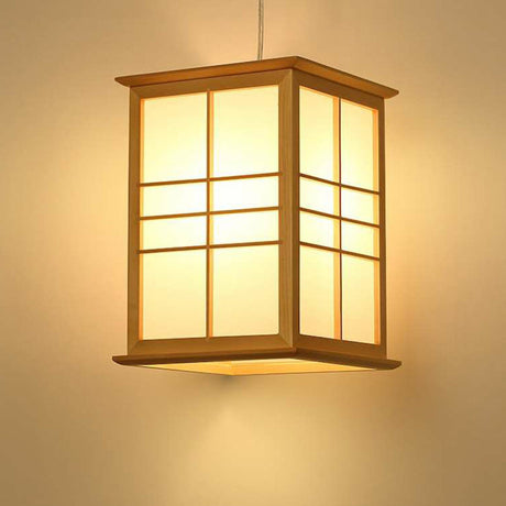 Japanese Style Wooden Pendant Light With 1-Light: Rectangle Sushi House Lamp In Beige
