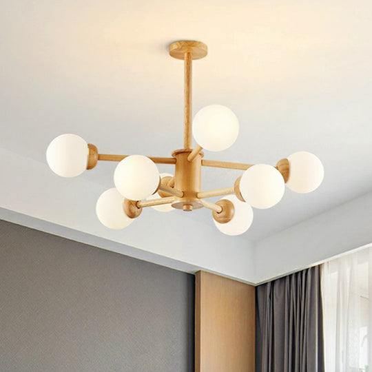 Nordic White Glass Ball Wood Sputnik Chandelier – Stylish Ceiling Pendant Light For Living Room
