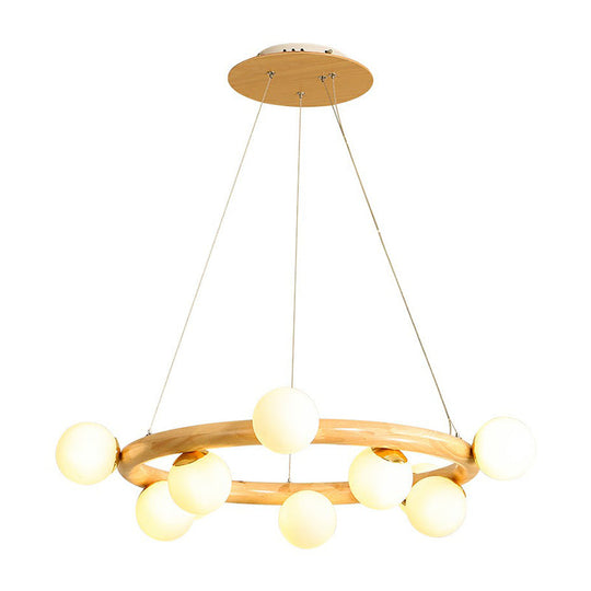 Minimalistic Circular Wood Pendant Chandelier With Beige Hanging Light And White Glass Orb Shade