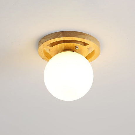 Wooden Nordic Semi Flush Ceiling Light With White Glass - Small Size / E