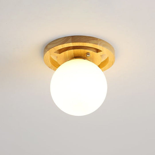 Wooden Nordic Semi Flush Ceiling Light With White Glass - Small Size / E