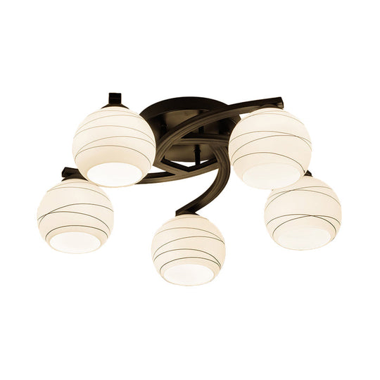 Traditional Ceiling Mount Light: Black Semi Flush With White Glass - Ideal For Corridor (3/5/8