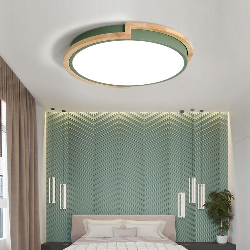 Nordic Led Flush Mount Ceiling Light With Acrylic Shade And Wood Frame - Perfect For Bedrooms Green