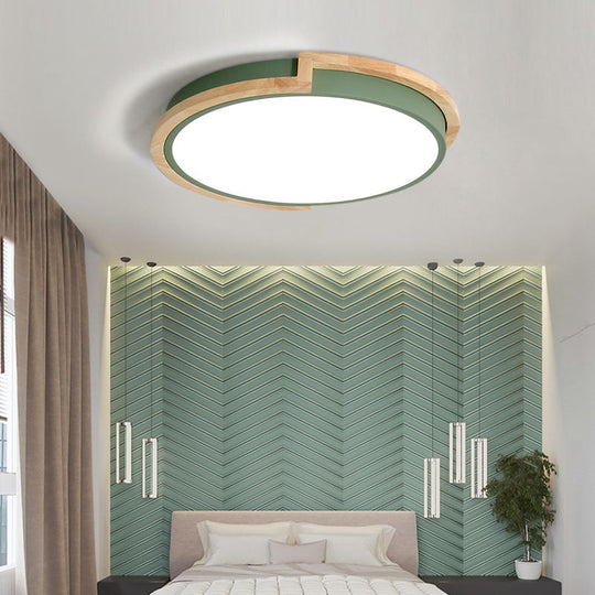 Nordic Led Flush Mount Ceiling Light With Acrylic Shade And Wood Frame - Perfect For Bedrooms Green