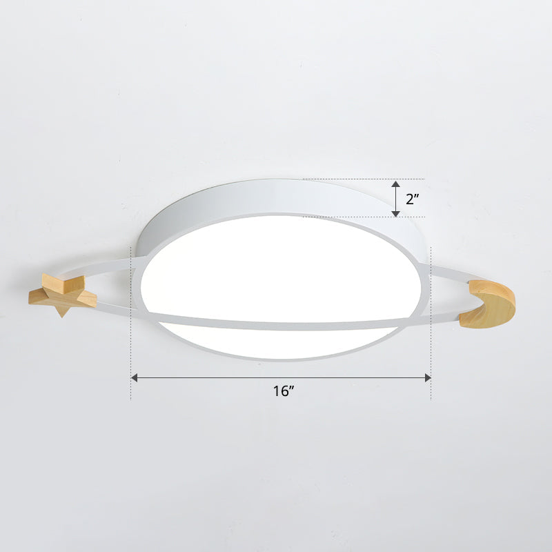 Led Flushmount Light: Ringed Planet Childrens Ceiling Fixture With Wooden Moon And Star Accents