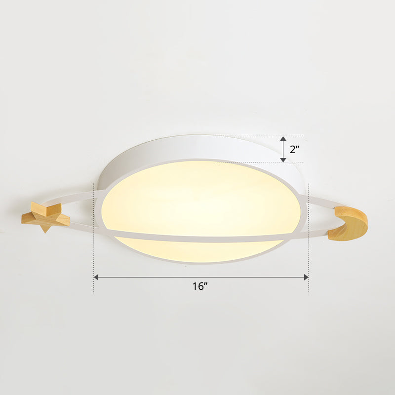 Led Flushmount Light: Ringed Planet Childrens Ceiling Fixture With Wooden Moon And Star Accents