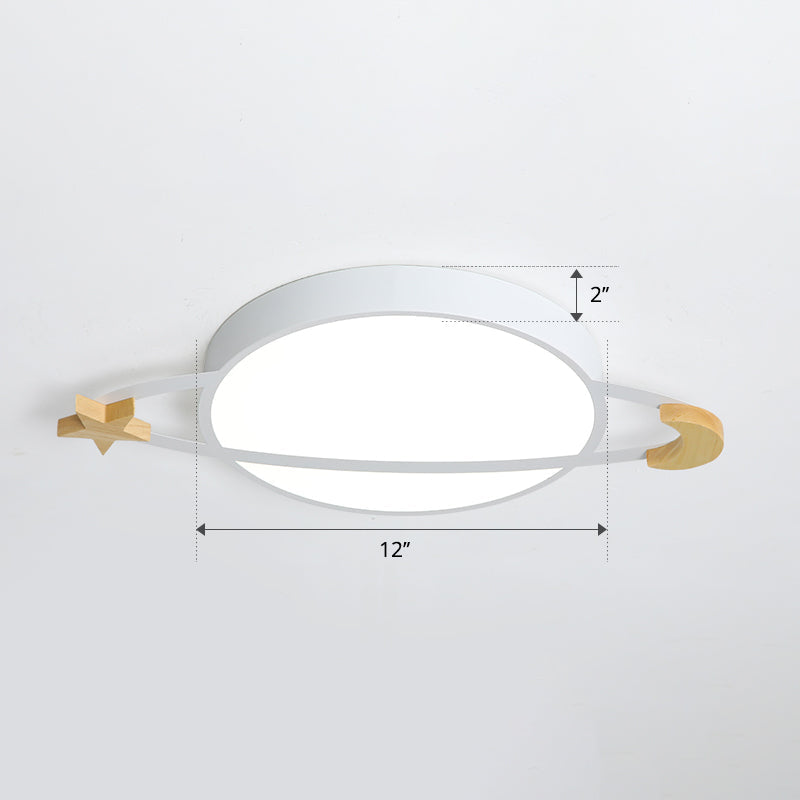 Led Flushmount Light: Ringed Planet Childrens Ceiling Fixture With Wooden Moon And Star Accents
