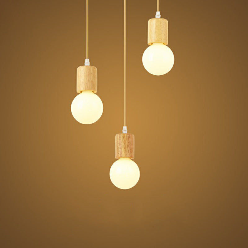 Minimalist Wooden Pendant Lamp With 3 Beige Suspension Lights - Contemporary Bare Bulb Fixture