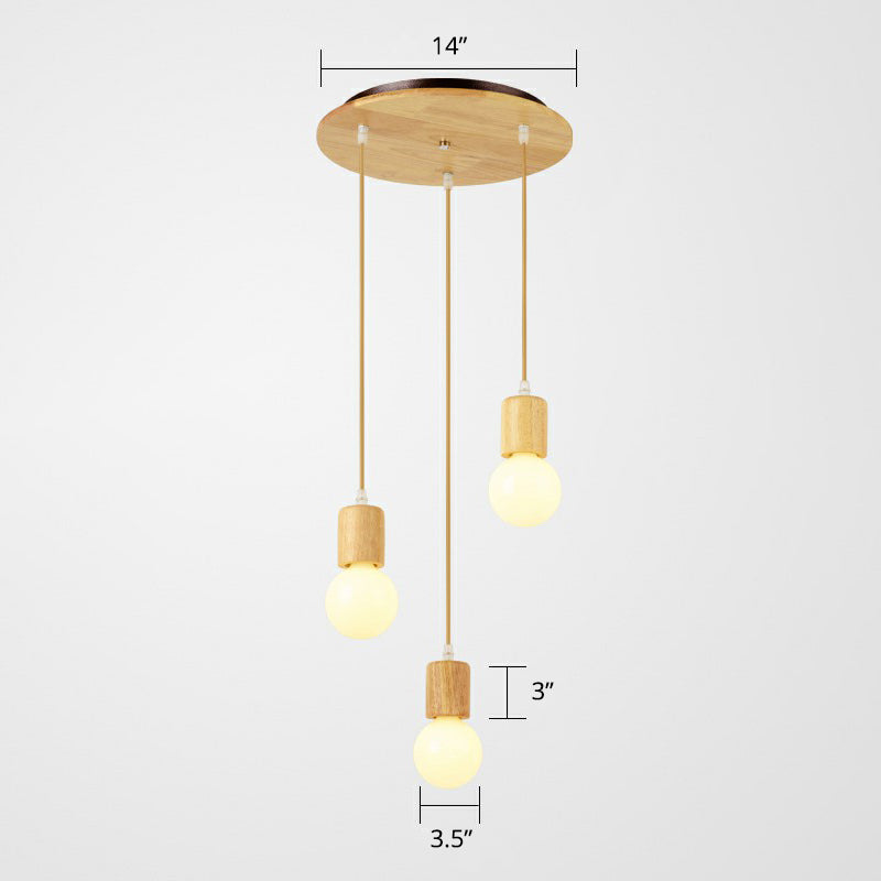 Minimalist Wooden Pendant Light Fixture With 3 Beige Lamp Heads