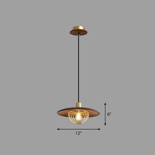 Contemporary Wooden Pendant Light With Cage Bottom - 1-Light Hanging Ceiling Fixture 1 / Coffee