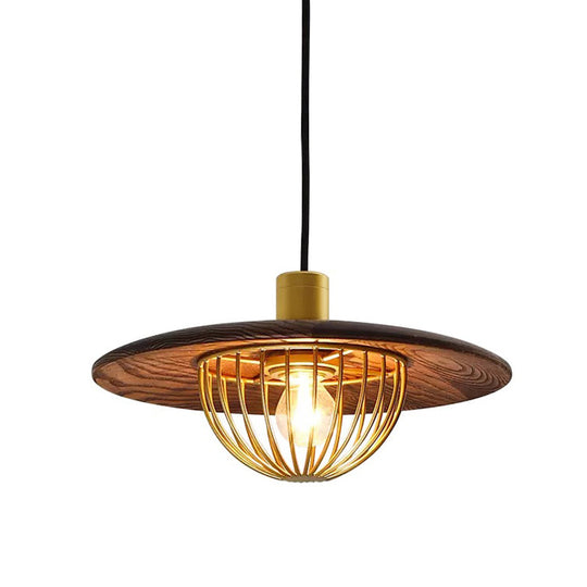 Contemporary Wooden Pendant Light With Cage Bottom - 1-Light Hanging Ceiling Fixture