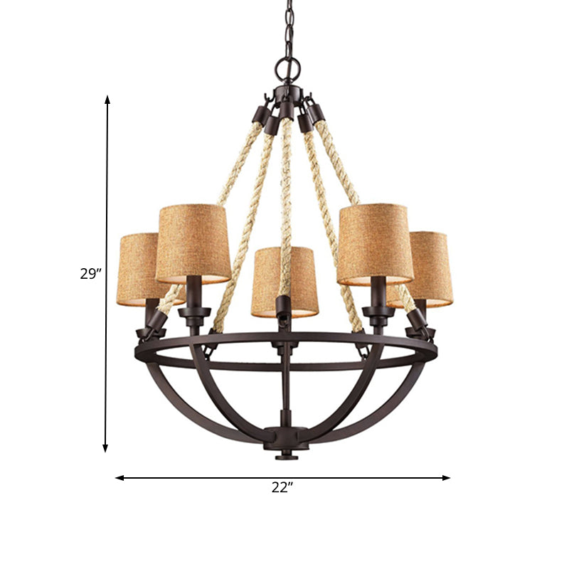 Bronze Semi-Circle Cage Pendant Chandelier - 5 Lights Country Metal Fabric Shade