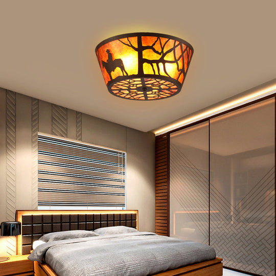 Country Style Round Marble Flushmount Ceiling Light With Bear/Horse Pattern And 3 Lights Brown /