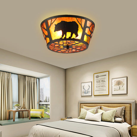 Country Style Round Marble Flushmount Ceiling Light With Bear/Horse Pattern And 3 Lights
