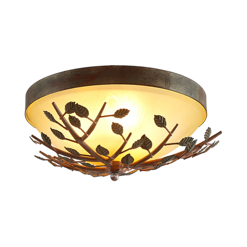 Country Brown Flush Mount Lighting With Dome Frosted Glass Shade - 3 - Light Bedroom