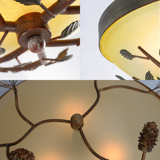 Country Brown Flush Mount Lighting With Dome Frosted Glass Shade - 3 - Light Bedroom