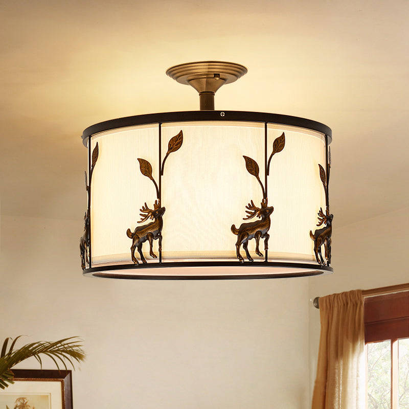 Country Black Deer Drum Ceiling Light With 3 - Lights For Living Room