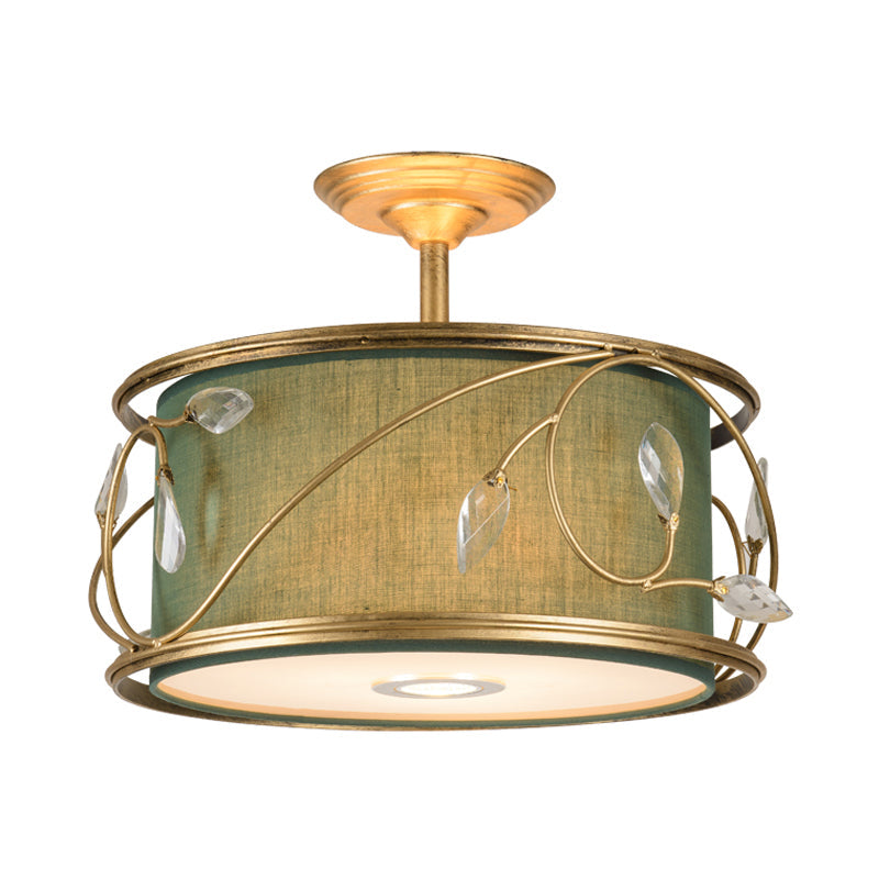 Country Style 3 - Bulb Semi Flush Mount Ceiling Light In Green Fabric - 16’/19.5’ Width