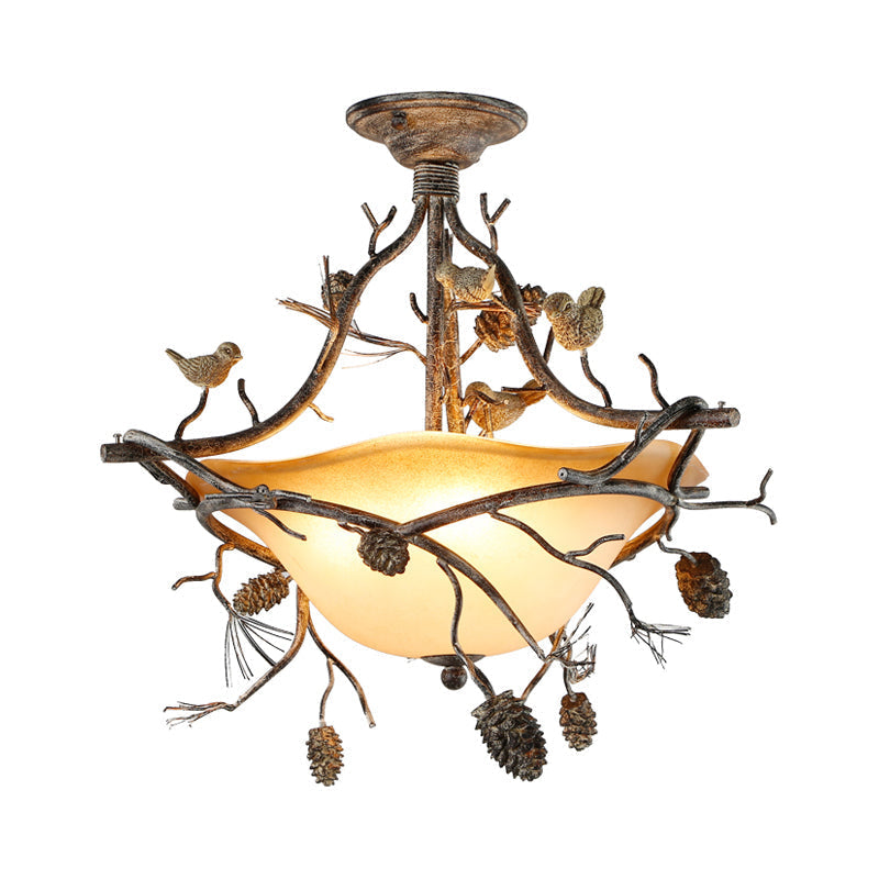 Country Bronze 3 - Light Bowl Semi Flush Mount With Frosted Glass - Ideal For Bedroom Lighting
