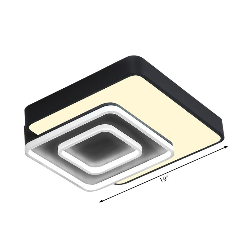 Contemporary Led Flush Mount Lighting Black Square Acrylic Fixture 15’/19’ Wide White/Warm Light